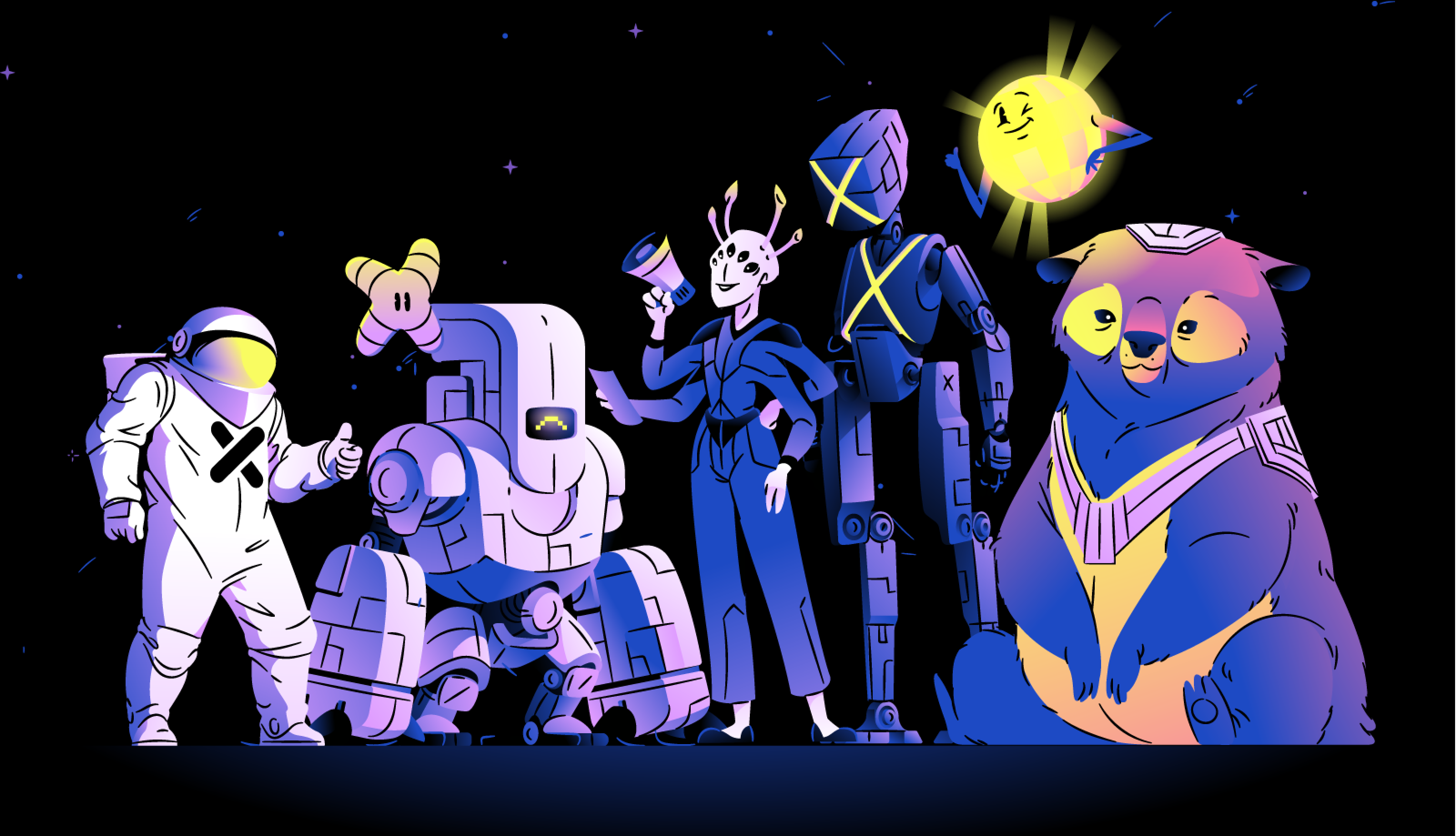 Character lineup illustration of the various characters