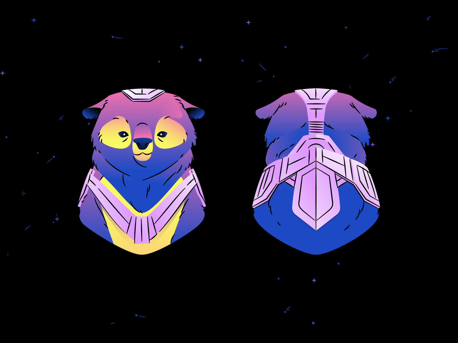 Front and back view of a playful colourful bear illustration and design